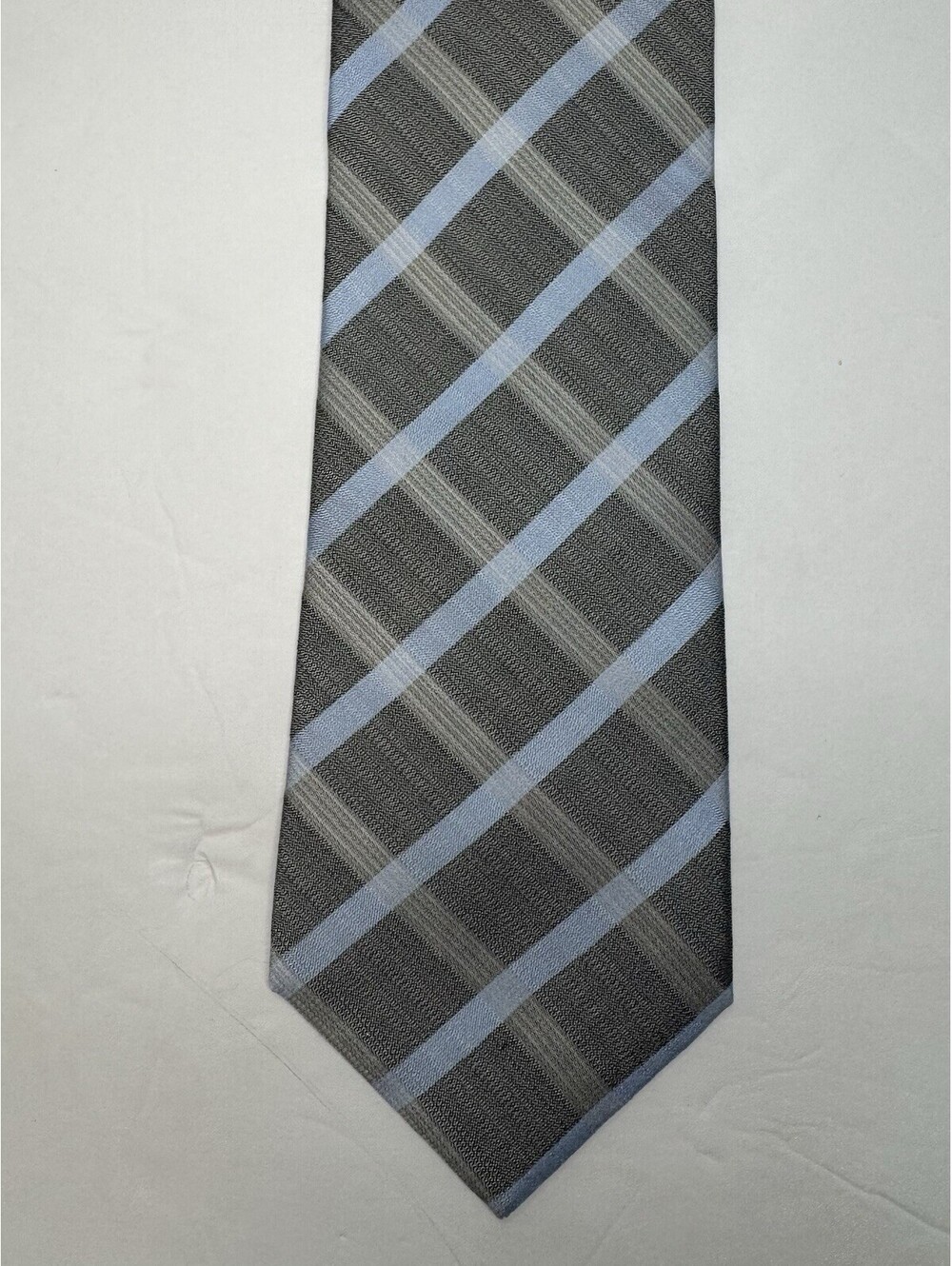Kenneth Cole Reaction Silk Tie Gray Blue Plaid Check Business Wedding Mens